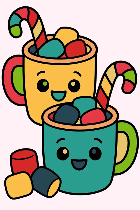 Mugs of cocoa with marshmallows and candy canes coloring page