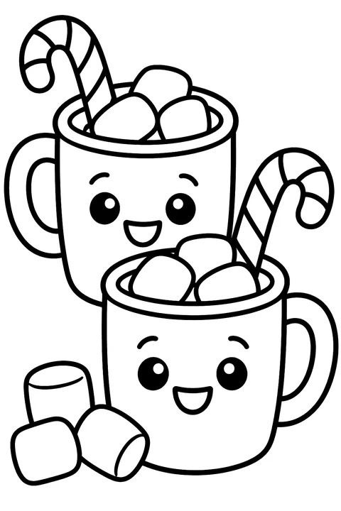 Mugs of cocoa with marshmallows and candy canes coloring page