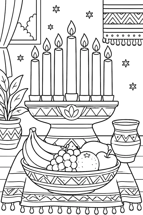 A kinara with seven candles and fruit coloring page