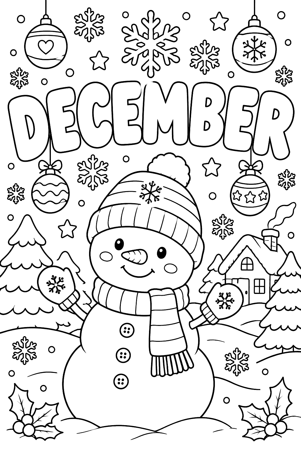 The word DECEMBER in big bubble outline letters with snowflakes and ornaments coloring page