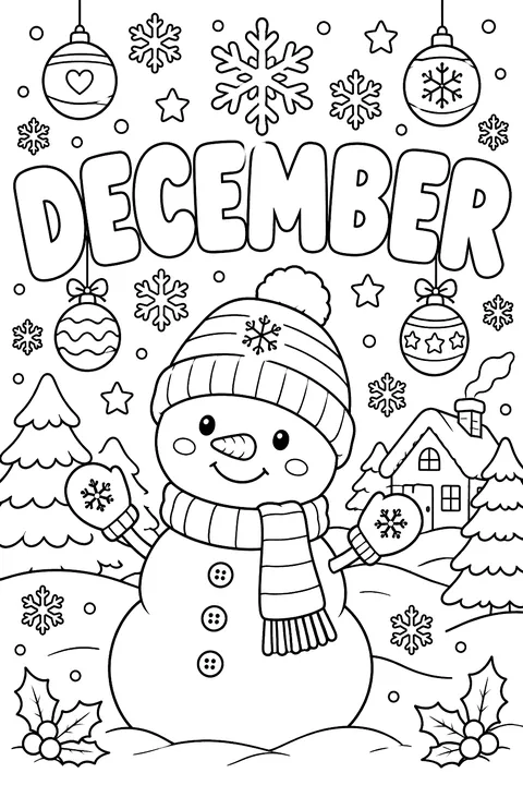 The word DECEMBER in big bubble outline letters with snowflakes and ornaments coloring page
