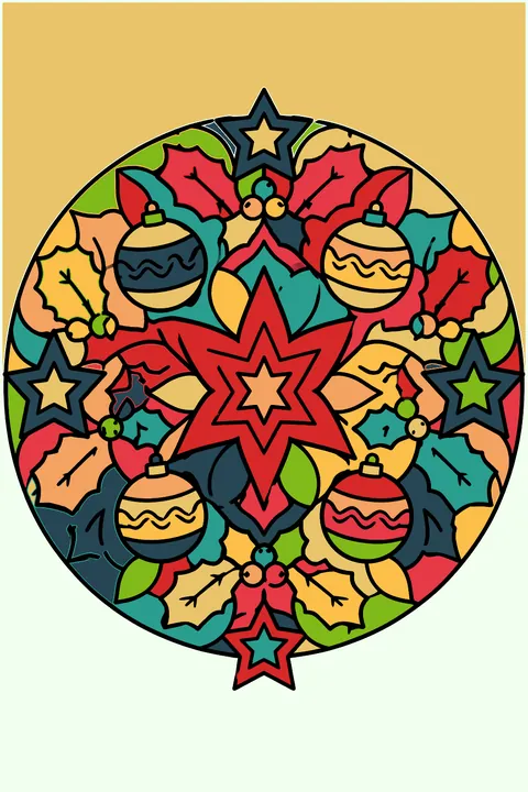 A round mandala of ornaments, stars and holly with bold closed shapes coloring page