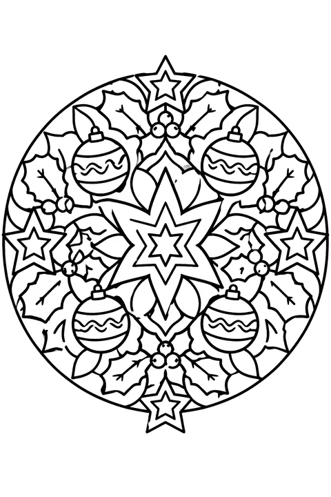 A round mandala of ornaments, stars and holly with bold closed shapes coloring page