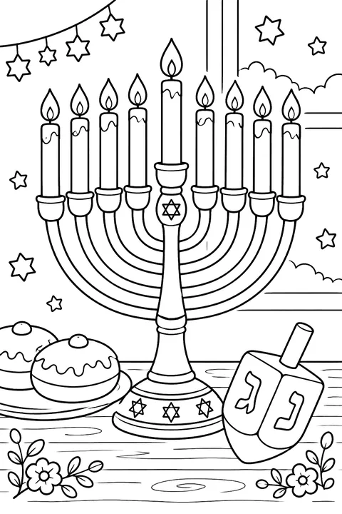 A menorah with candles and a dreidel coloring page