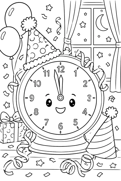 A clock near midnight with party hats and streamers coloring page