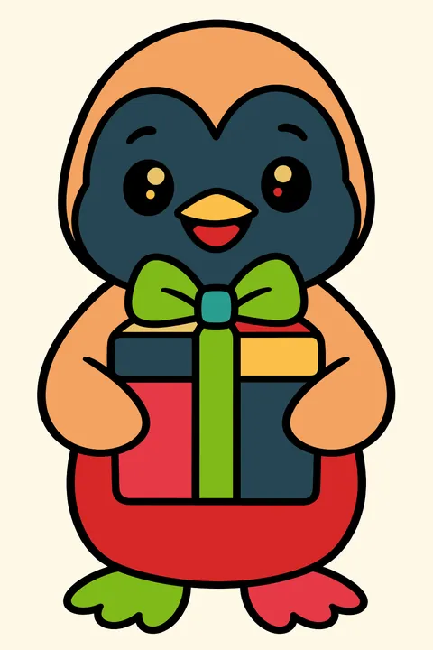 A penguin carrying a wrapped gift coloring page