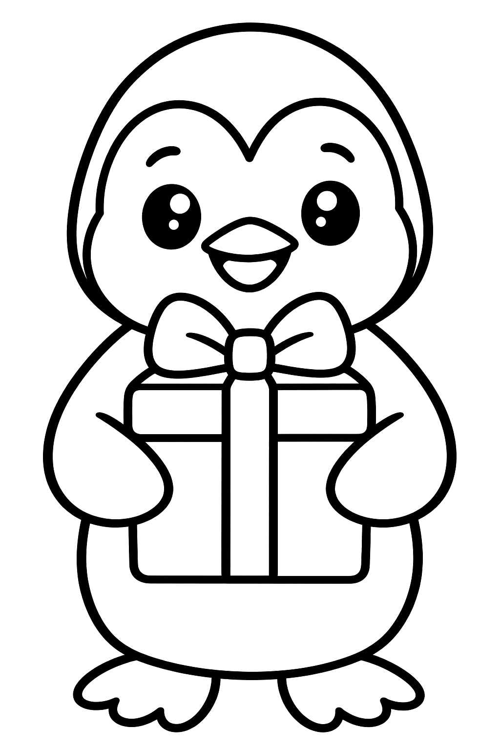 A penguin carrying a wrapped gift coloring page