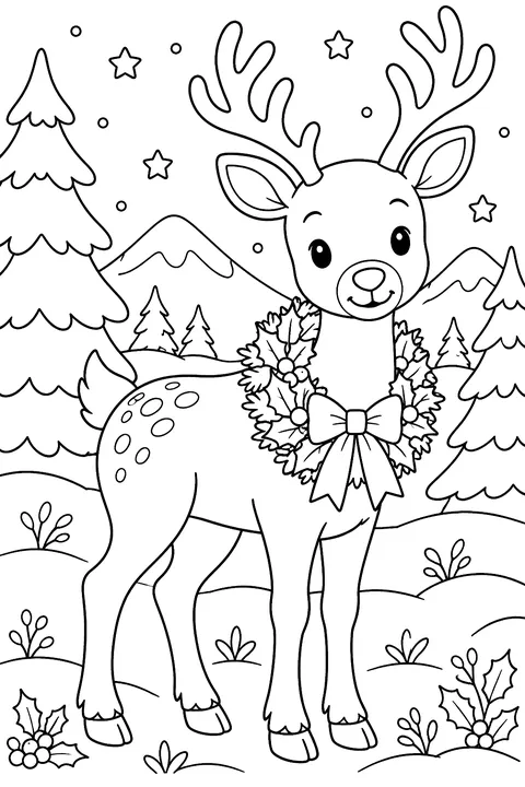 A reindeer with a wreath around its neck coloring page