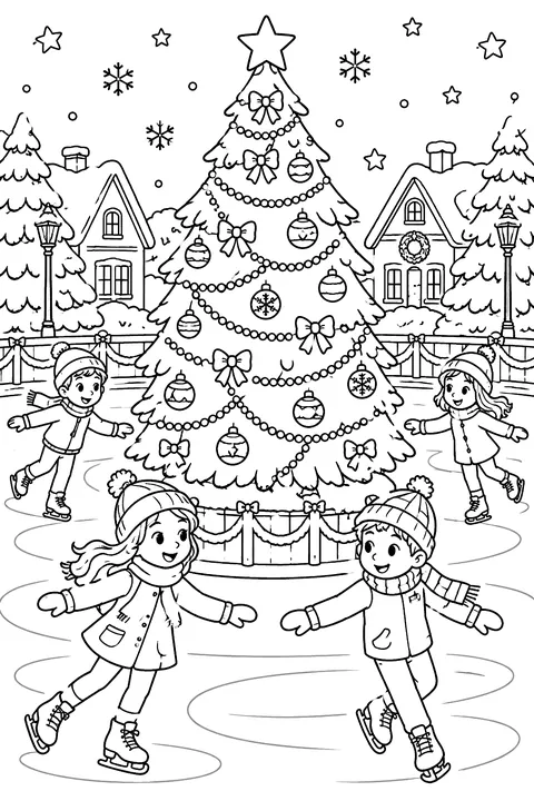 Kids skating around a big decorated tree coloring page