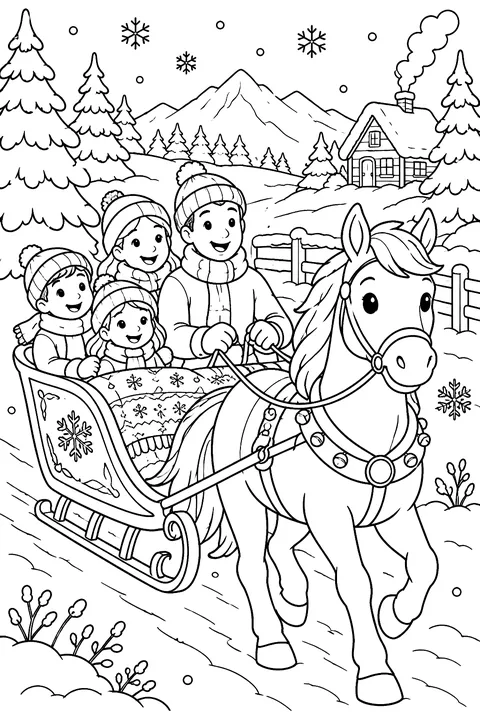 A family on a sleigh ride through the snow coloring page
