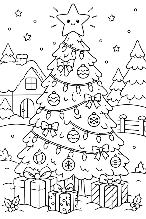 A star on top of a tree with lights coloring page
