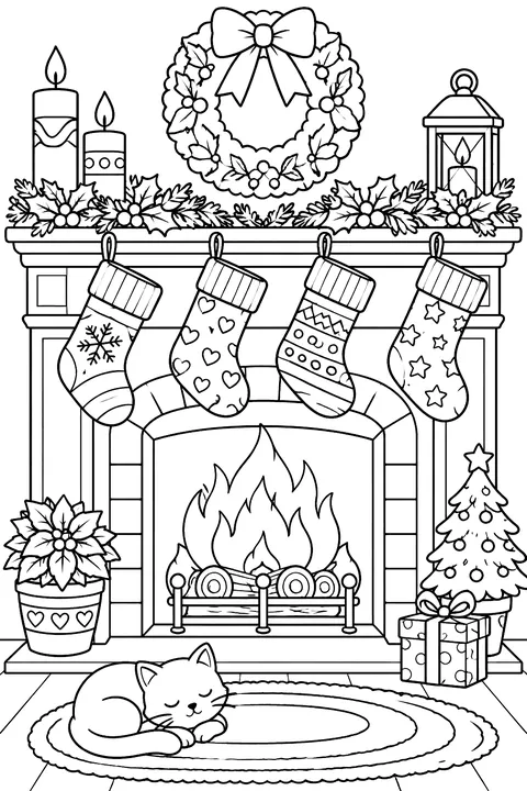 Stockings hanging over a fireplace coloring page