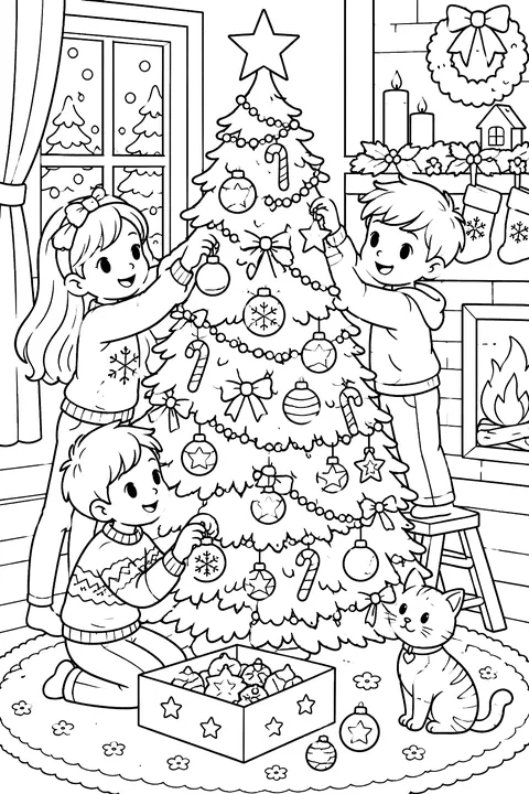 Kids decorating a Christmas tree coloring page