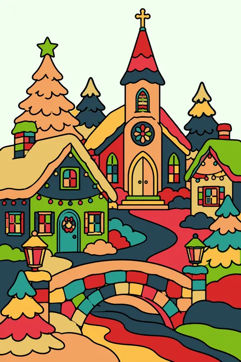 A snowy village with lights and a church coloring page