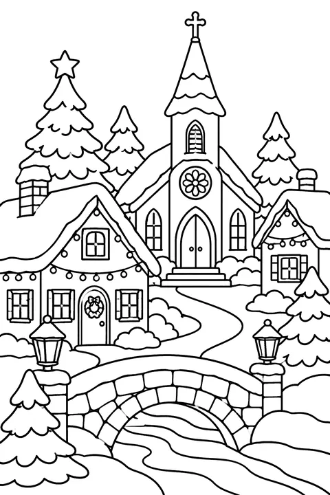 A snowy village with lights and a church coloring page