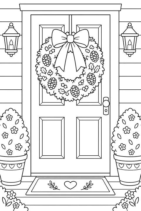 A wreath on a front door with a bow coloring page