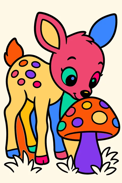 Baby deer sniffing a big spotted mushroom in the forest coloring page