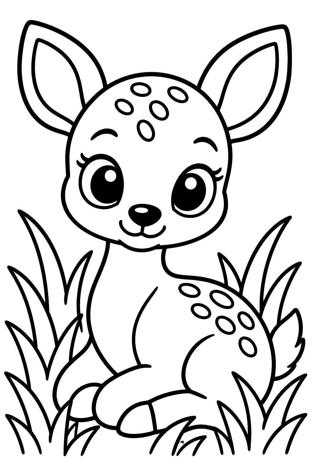 Baby fawn with big eyes sitting in soft tall grass coloring page
