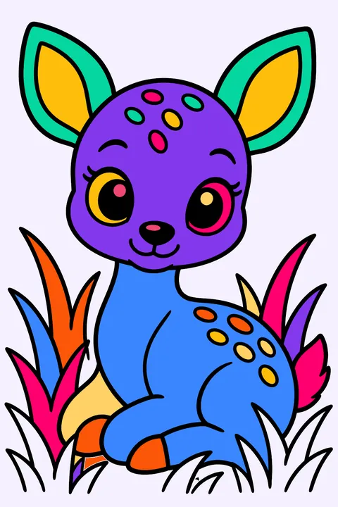 Baby fawn with big eyes sitting in soft tall grass coloring page