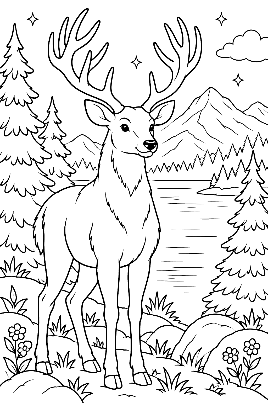 Majestic buck with large antlers standing among pine trees by a mountain lake coloring page