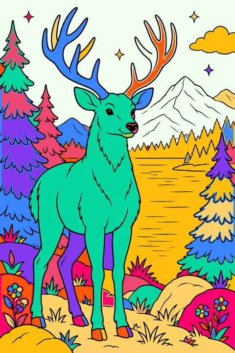 Majestic buck with large antlers standing among pine trees by a mountain lake coloring page