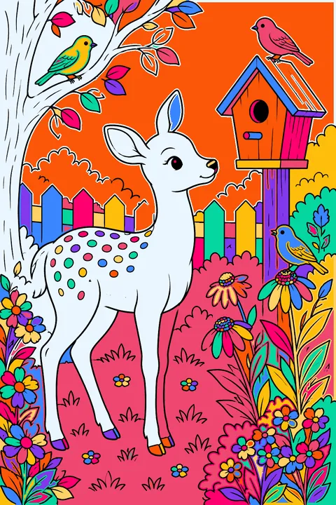 Deer visiting a backyard garden with a birdhouse, flowers and songbirds coloring page