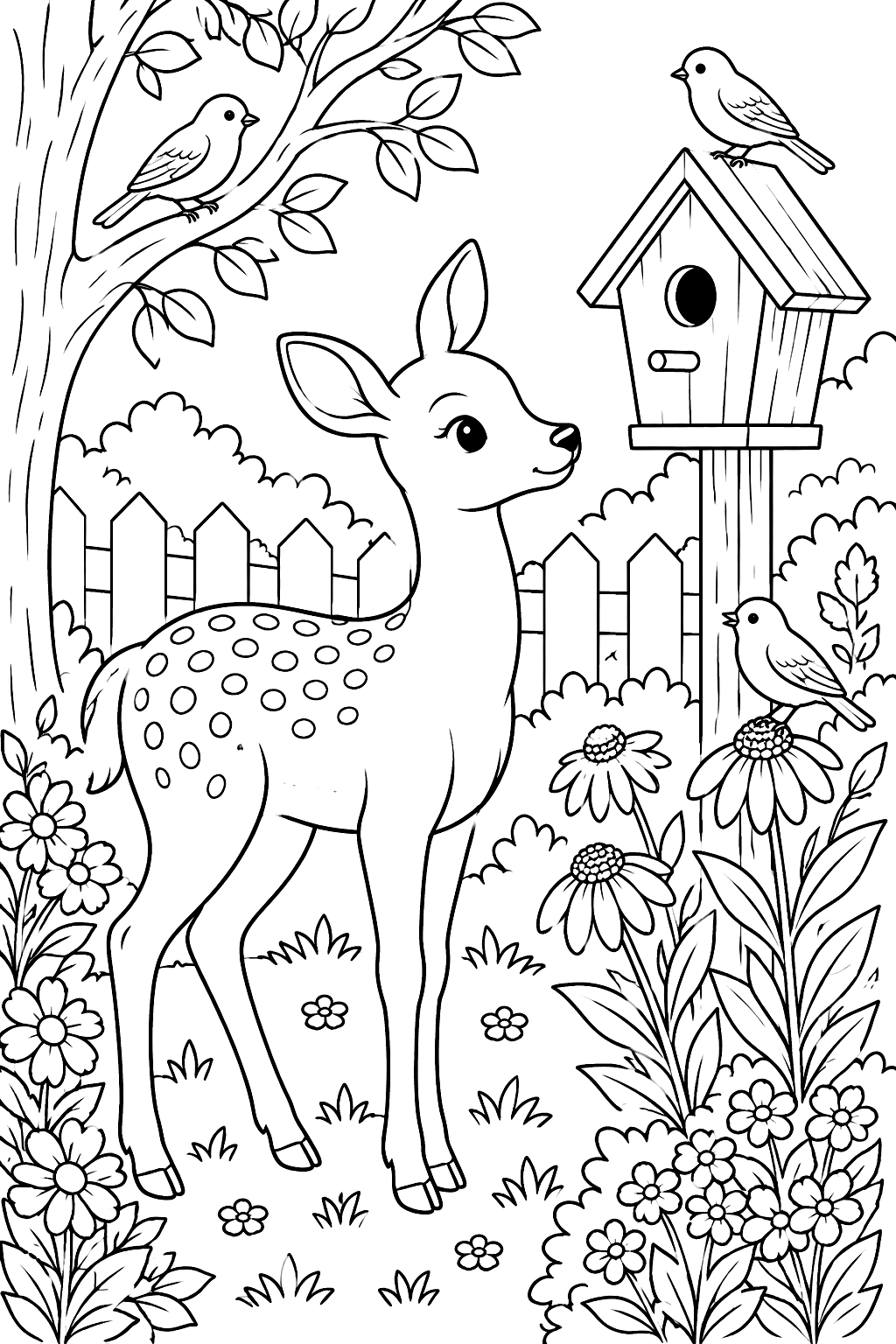 Deer visiting a backyard garden with a birdhouse, flowers and songbirds coloring page