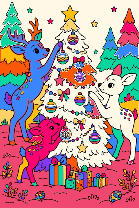 Deer decorating a christmas tree in a snowy forest with ornaments and stars coloring page