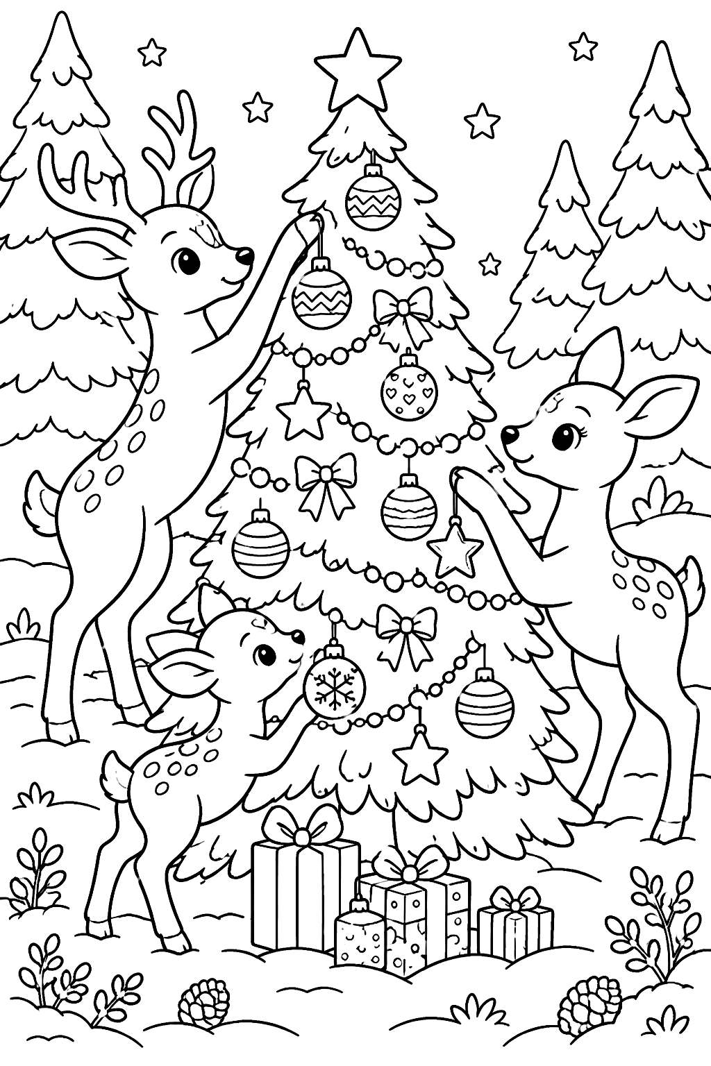 Deer decorating a christmas tree in a snowy forest with ornaments and stars coloring page
