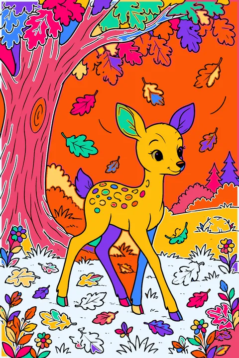 Young deer walking through falling autumn leaves under a big oak tree coloring page