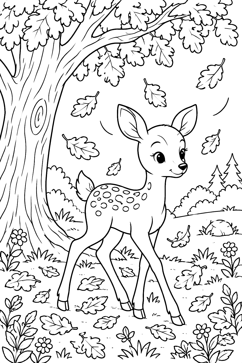 Young deer walking through falling autumn leaves under a big oak tree coloring page