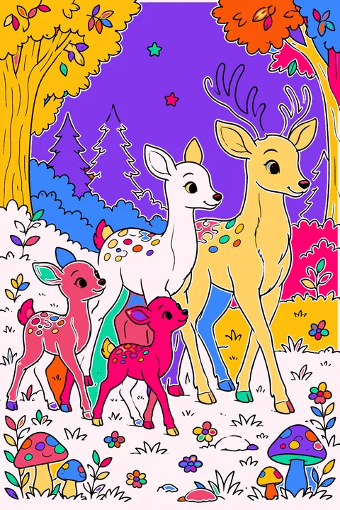 Deer family walking together through a forest clearing with mushrooms coloring page