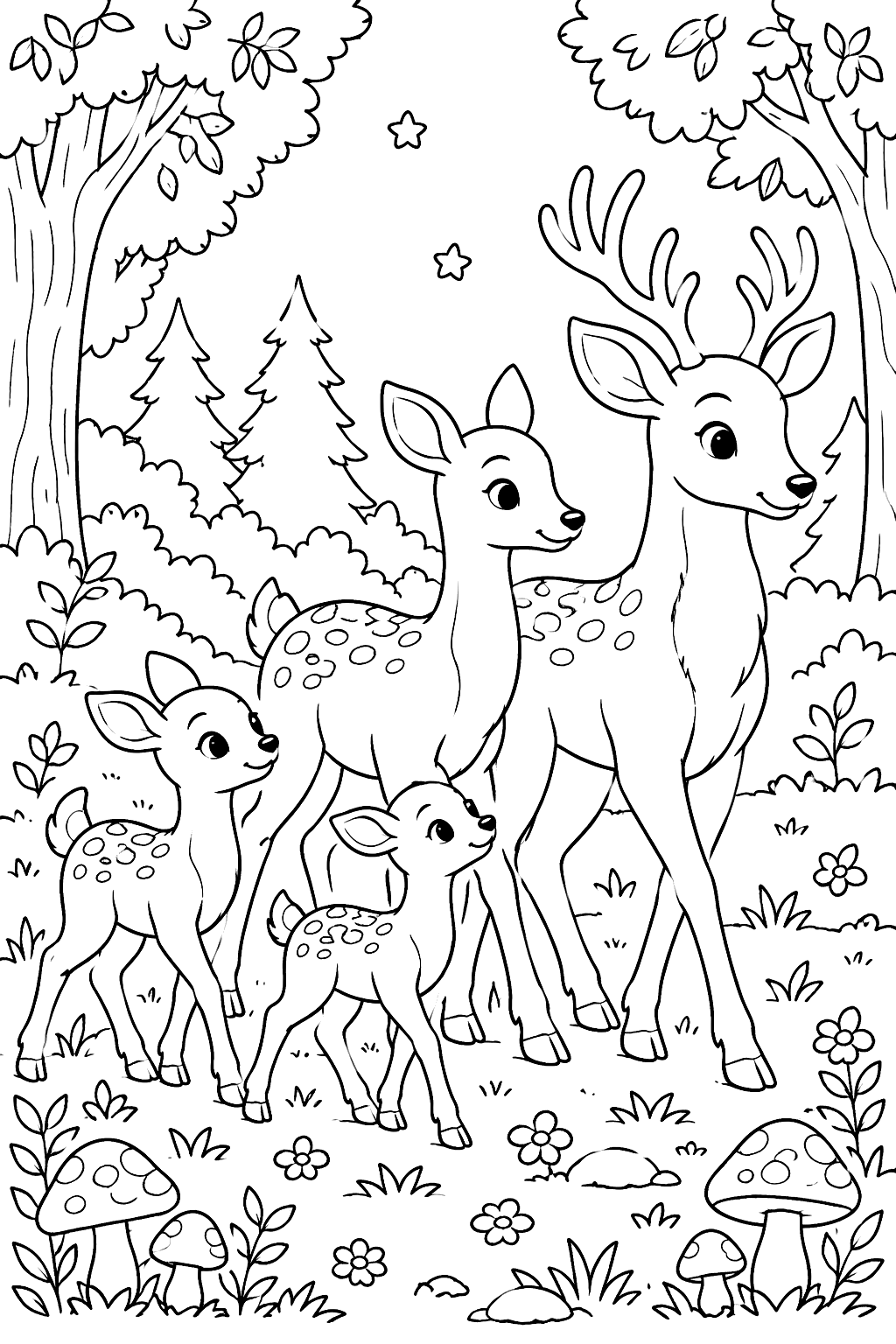 Deer family walking together through a forest clearing with mushrooms coloring page