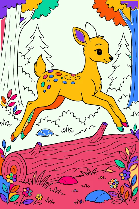 Graceful deer leaping over a fallen log in the quiet woods coloring page