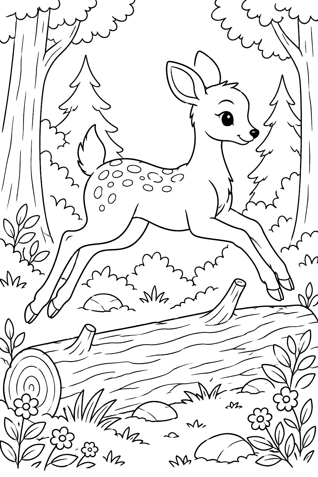 Graceful deer leaping over a fallen log in the quiet woods coloring page