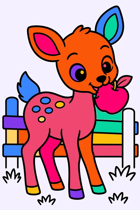 Little deer munching an apple near a wooden fence coloring page
