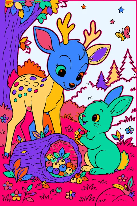 Deer and rabbit friends sharing berries beside a hollow log coloring page