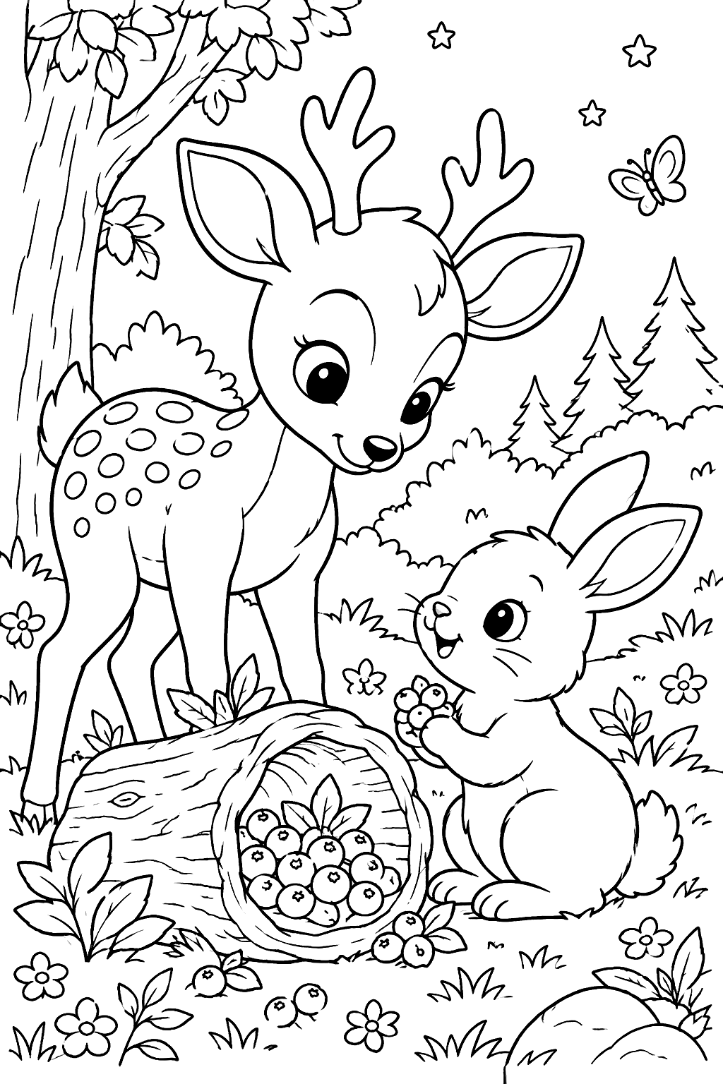 Deer and rabbit friends sharing berries beside a hollow log coloring page
