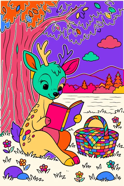 Cartoon deer reading a book under a tree next to a picnic basket coloring page