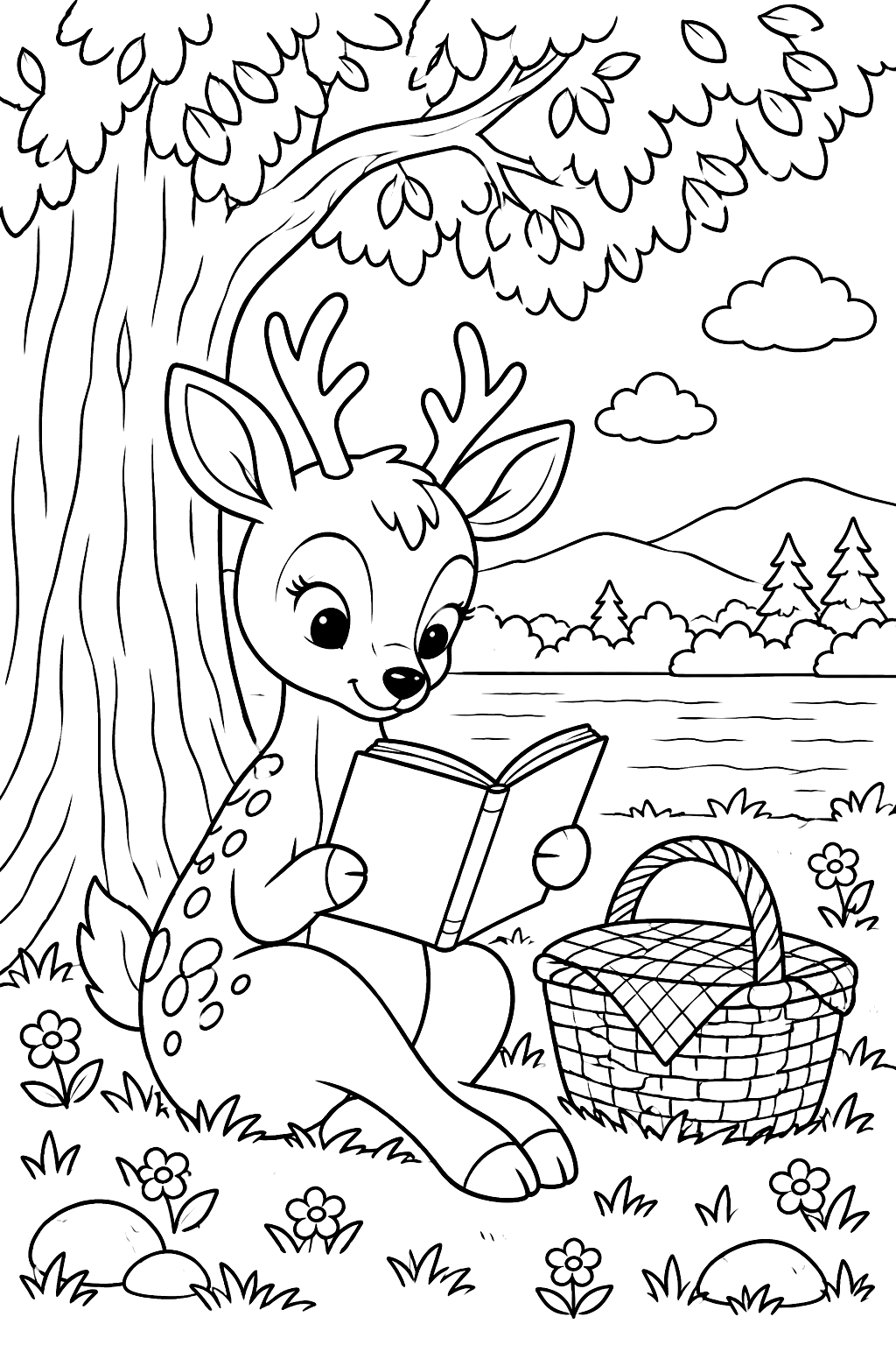 Cartoon deer reading a book under a tree next to a picnic basket coloring page