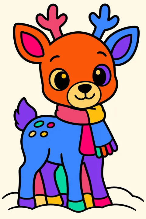 Cute deer standing in the snow wearing a cozy little scarf coloring page