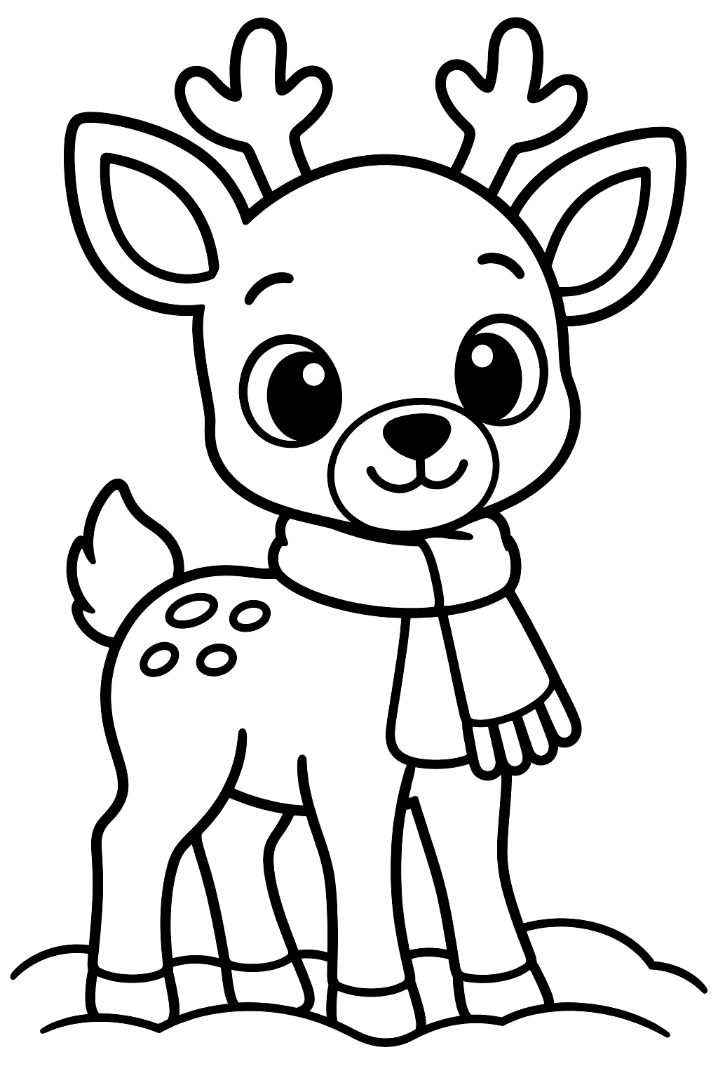 Cute deer standing in the snow wearing a cozy little scarf coloring page