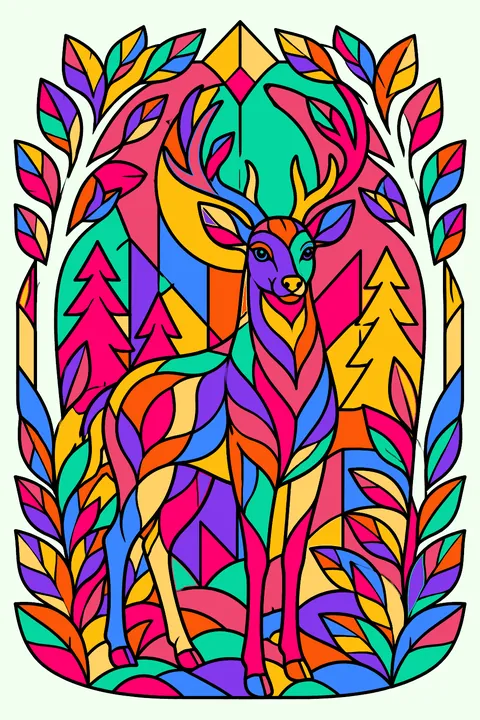 Deer in a stained glass forest design with ornate leaves, branches and geometric panels coloring page