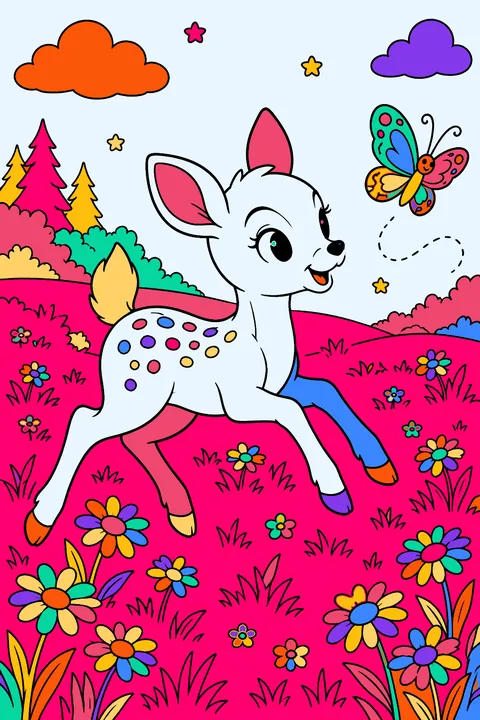 Playful fawn chasing a butterfly across a meadow of daisies coloring page