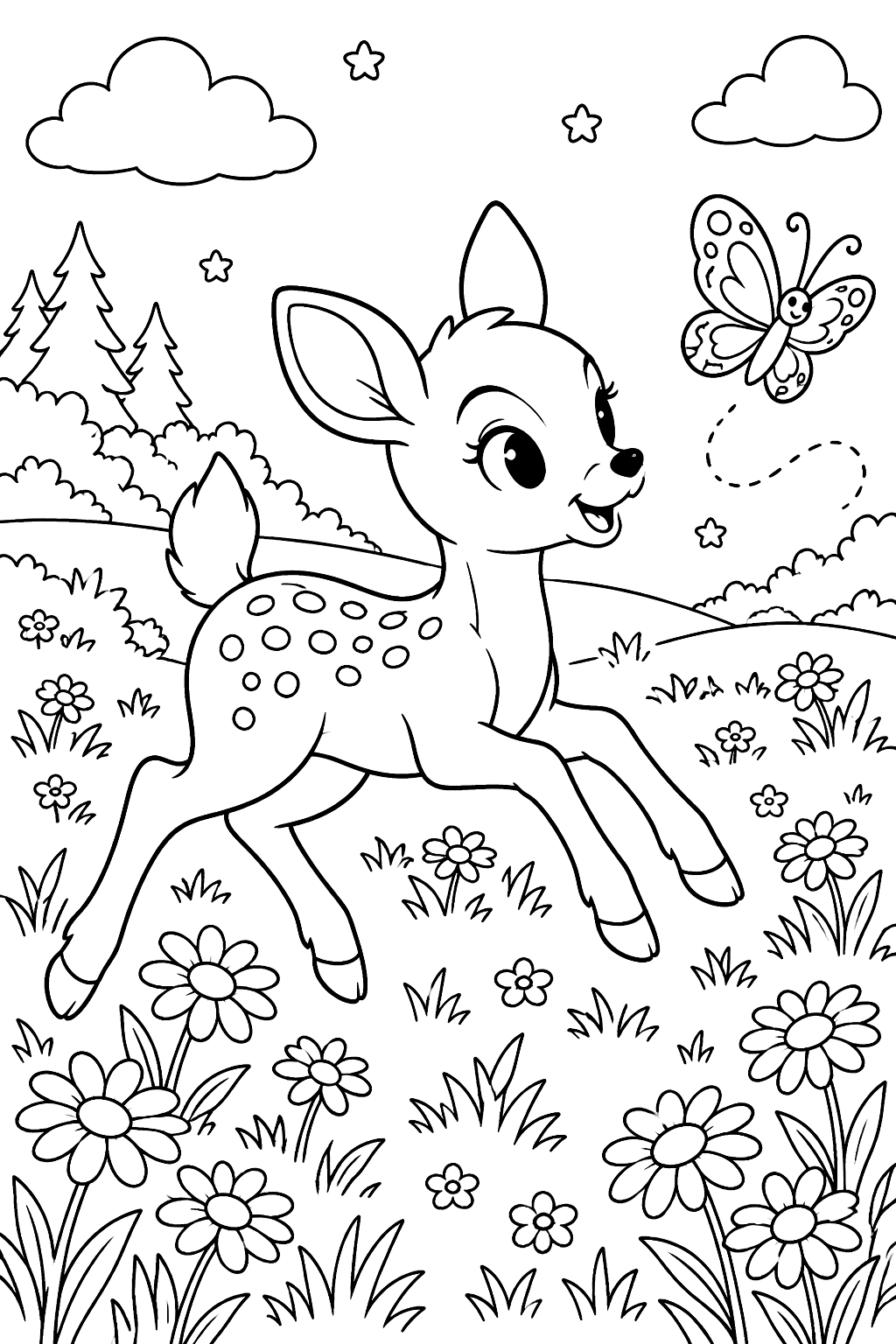 Playful fawn chasing a butterfly across a meadow of daisies coloring page