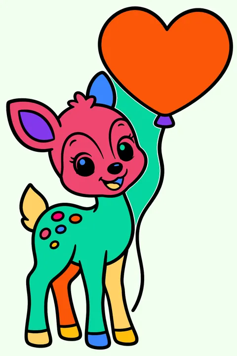 Smiling fawn standing beside a big heart shaped balloon coloring page