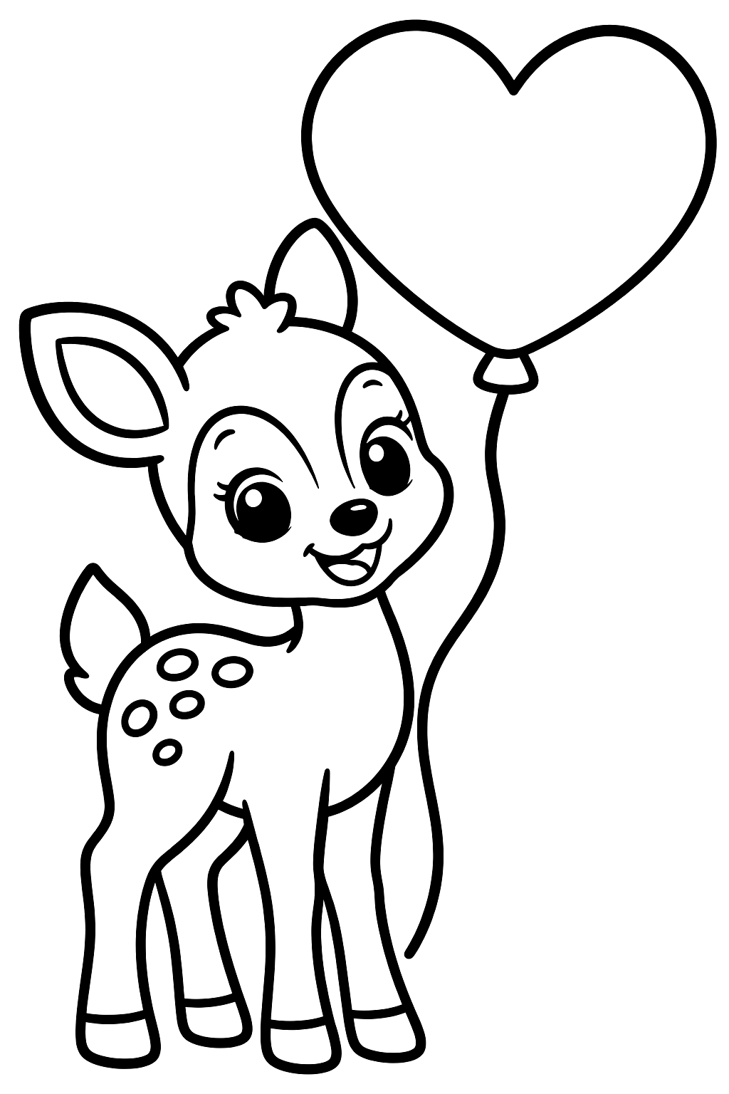 Smiling fawn standing beside a big heart shaped balloon coloring page