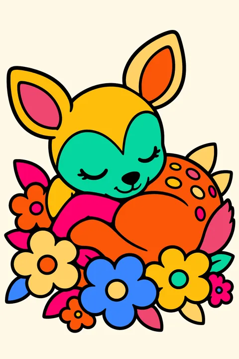 Sleepy fawn curled up on a soft bed of flowers coloring page
