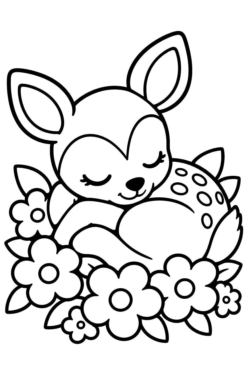 Sleepy fawn curled up on a soft bed of flowers coloring page