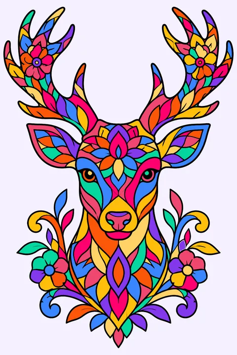 Deer head with antlers made of ornate mandala patterns and flowing floral swirls coloring page